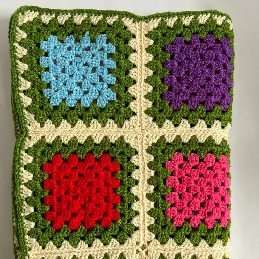 Handmade Crochet Green Multicolor Granny Square Afghan Throw Blanket
